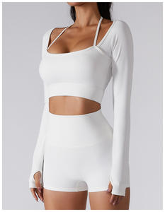 Benutzer definierte Logo 2-teilige gerippte Workout-Sets Frauen Square Neck Langarm Crop Tops High Waist Biker Shorts Gym Print Leggings BH - Product Image 2