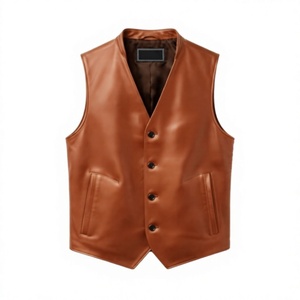 Chaleco de Hombre de Cuero Genuino Marrón con Cuello en V, Cierre de Cremallera, Talla Grande, Estilo Casual Elegante, Corte Regular, Color Sólido, Primavera - Product Image 1