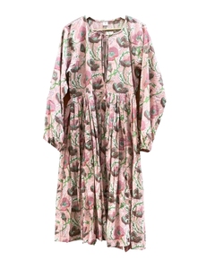 Floral Print <b>Tie</b> <b>Neck</b> Long Sleeve Maxi Dress Loose Fit Pleated Hem Boho Style Viscose Fabric Spring Casual Wear - Product Image 2