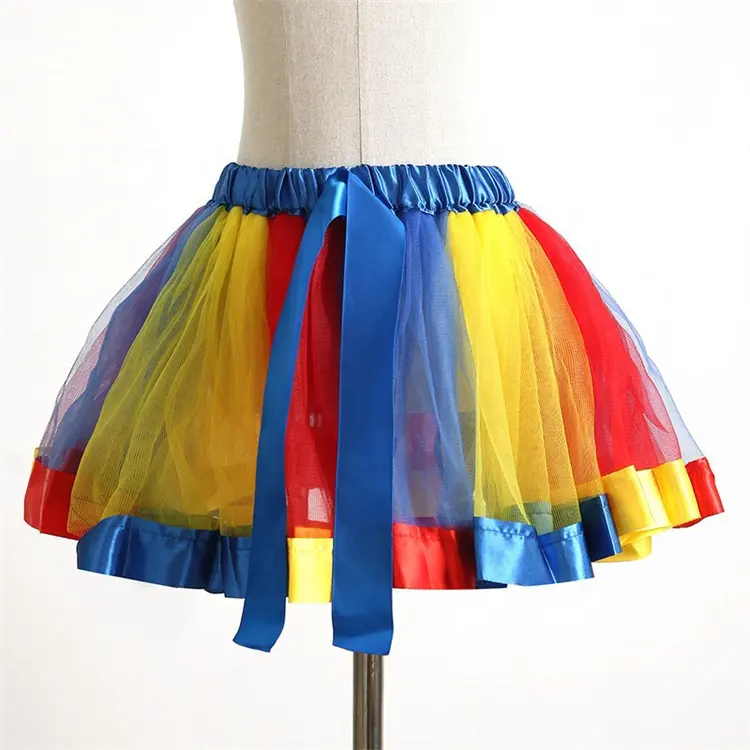 0-9Y Multi Color Soft Tulle Layered Rainbow Petticoats Kid Girl Dance Mini Skirt With Ribbon Children Princess Tutu Skirts