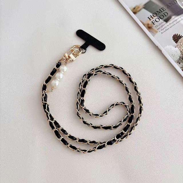 Luxury Metal Pearl Leather Crossbody Lanyard Necklace Strap Universal Phone Case Shockproof Cell Phone Pouch Anti-Lost 160cm