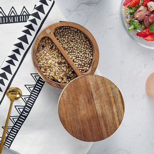 Acacia Wood Salt Cellar 2in1 Spice Jar Seasonings Storage Box Case Swivel Cover <strong>Kitchen</strong> Home Table Salts <strong>Herbs</strong> Pepper <strong>Container</strong> - Product Image 3
