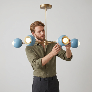 Modern Brass Geometric Ceiling Light Blue Globe Shades Mid Century Modern Indoor Fixture Living Room Home Decor - Product Image 1