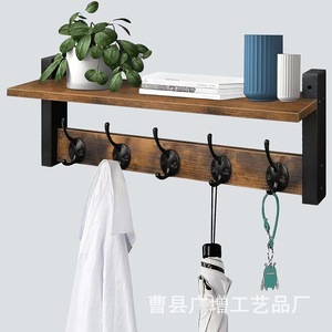 Wooden <b>Wall</b> <b>Mounted</b> Storage Rack With Hooks 2 Tier Solid Wood <b>Shelf</b> For Bathroom Entryway Multipurpose Durable Natural Color - Product Image 4