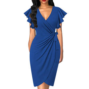 <span class=keywords><strong>Robe</strong></span> moulante élégante pour femme à col en V et manches à volants, couleur unie ou imprimé floral, coupe ajustée, longueur midi, idéale pour les fêtes, le bureau ou le quotidien - Product Image 2