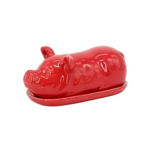9inch Contemporary Home Living Red Unique Pig Butter Dish with Cover