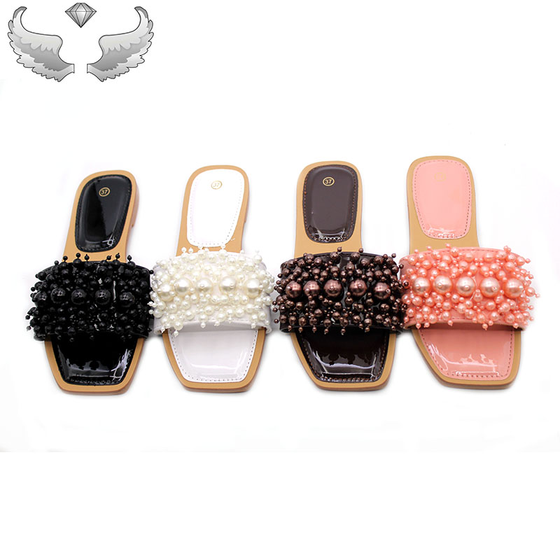 Women's Flat Strappy Sandals With Studs & Pearls - Platform Summer Shoes, Buckle Closure, Multiple Colors
