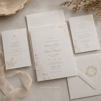 Invitation de mariage de luxe en relief, cadre floral délicat avec inscription dorée sur carton texturé de qualité supérieure