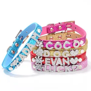 Wholesale Multicolor Personalized Pattern DIY Name Rhinestone Slide Letter PU Dog Collar