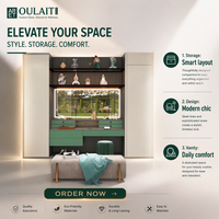 Système de dressing de luxe ARET avec coiffeuse, miroir rétroéclairé, étagères ouvertes, tiroirs à accents verts et banc d'appoint pour chambre à coucher