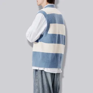 Maglione lavorato a maglia personalizzato OEM con scollo a V elegante stile a righe Jacquard bianco blu colori autunno inverno maglione lavorato a maglia da uomo