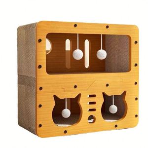 Caja Rascadora Interactiva de Madera de Doble Capa para Gatos con Bolas Colgantes, Casa de Juegos Multifuncional para Mascotas de Interior - Product Image 1