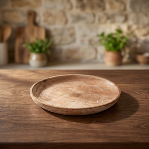 Assiette plate ronde en bois, style Wabi Sabi, faite à la main, couleur unie, vaisselle - Product Image 2