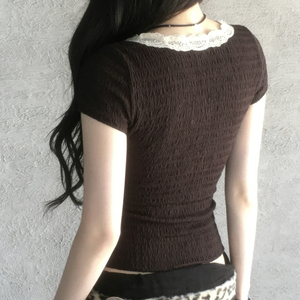 Vintage Textured Fabric Beaded V Neck T <b>Shirt</b> Slim Fit Sexy Short Sleeve Fashion Top Women - Product Image 3