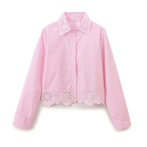 Chemisier rose rayé pour femme, brodé ajouré, à manches longues et col rabattu, en tissu tissé, pour le quotidien - Product Image 1