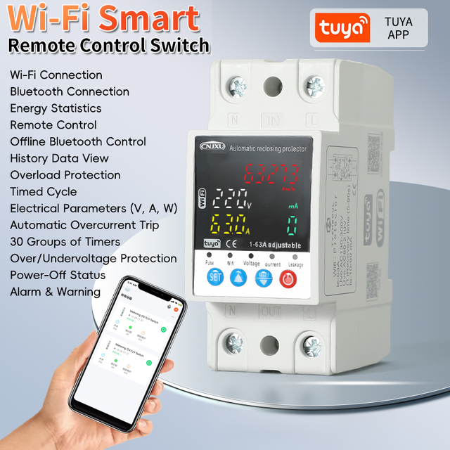 1-63A Adjustable Overvoltage Overcurrent Protection Timing KWh Metering Remote Control DIN Rail Tuya Smart WiFi Energy Meter
