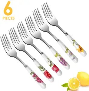 Goedkope Dienen Vork 6Pcs Restaurant Diner Vork Keramische Bloemen China Bone Handvat Bestek Porselein Handvat Roestvrij Stalen Bestek