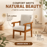 Fauteuil en bois massif de style vintage, brun rougeâtre, avec assise rembourrée en tissu, fauteuil d'appoint pour salon, meubles de maison