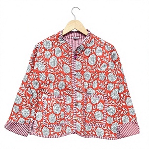 Vibrant Red Floral Block Print <b>Quilted</b> <b>Jacket</b> with Pink Striped Collar Cuffs and Pockets Ethnic Style Button Down Winter Wear - Product Image 1