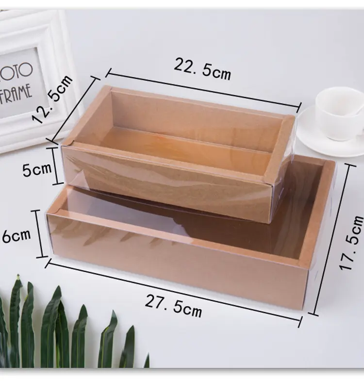 Caja plegable de papel Kraft, tapa transparente de PVC para embalaje de regalo