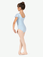 Justaucorps de danse bleu clair à haute élasticité pour filles, col en V, manches à volants, costumes respirants pour ballet et pom-pom girl