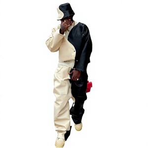 Conjunto de Chaqueta y Pantalones Cargo de Cuero Genuino Reversible con Bloques de Color para Hombre, Estilo Urbano, Ajuste Holgado, Cuello Alto - Product Image 2