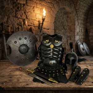 Conjunto de Armadura Espartana Romana de Acero Negro con Casco, Escudo y Malla Musculosa para LARP y Cosplay Histórico - Product Image 3