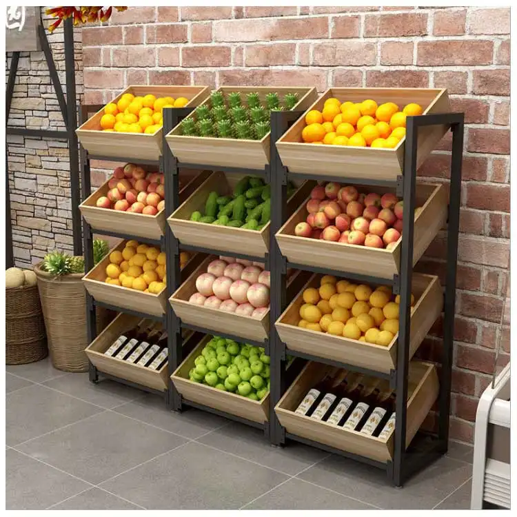 Hoge Kwaliteit Supermarkt Hout Fruit Groente Plank Display Rack Stand Voor Supermarkt Supermarkt