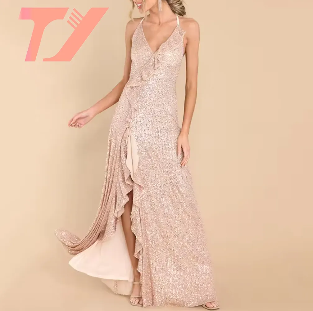TUOYI Factory Outlet Rose Gold Sequin Impresionante Maxi Falda Asimétrica Cuello en V Vestidos sexy para mujeres