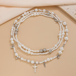Fashion <b>Cross</b> Punk Pendant <b>Necklace</b> Pearl Beaded Collarbone Chain <b>for</b> <b>Women</b> Weddings Gifts - Product Image 2
