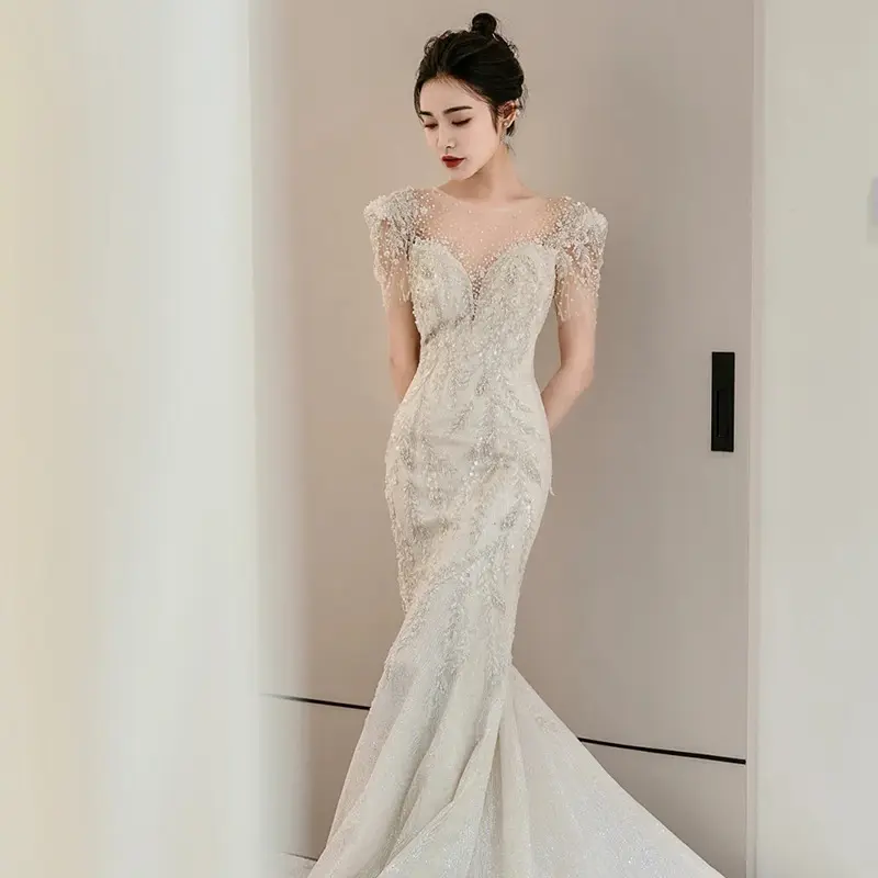 2022 Wholesale luxury silver beaded wedding dress with unique mermaid ruffles bling mermaid tail wedding dresses bridal gown
