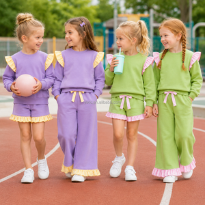 Set Felpa in <span class=keywords><strong>Cotone</strong></span> per Ragazze con Spalle Arricciate, Maniche Lunghe, Pantaloncini con Fiocco in Vita o Pantaloni a Gamba Larga, Opzioni di Motivi Personalizzati - Product Image 2
