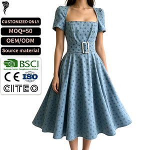 Robe trapèze mi-longue en jean à pois et dentelle, ceinturée, style vintage décontracté, pour femme – Meilleure vente - Product Image 1