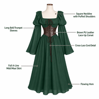 Robe médiévale vintage de la Renaissance pour femmes, col carré, corset à lacets, manches évasées, robe longue