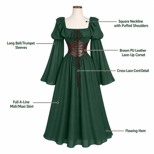 Vestido Medieval Renacentista Vintage para <span class=keywords><strong>Mujer</strong></span>, Cuello Cuadrado, Corsé con Cordones, Mangas Acampanadas, Vestido Largo - Product Image 6