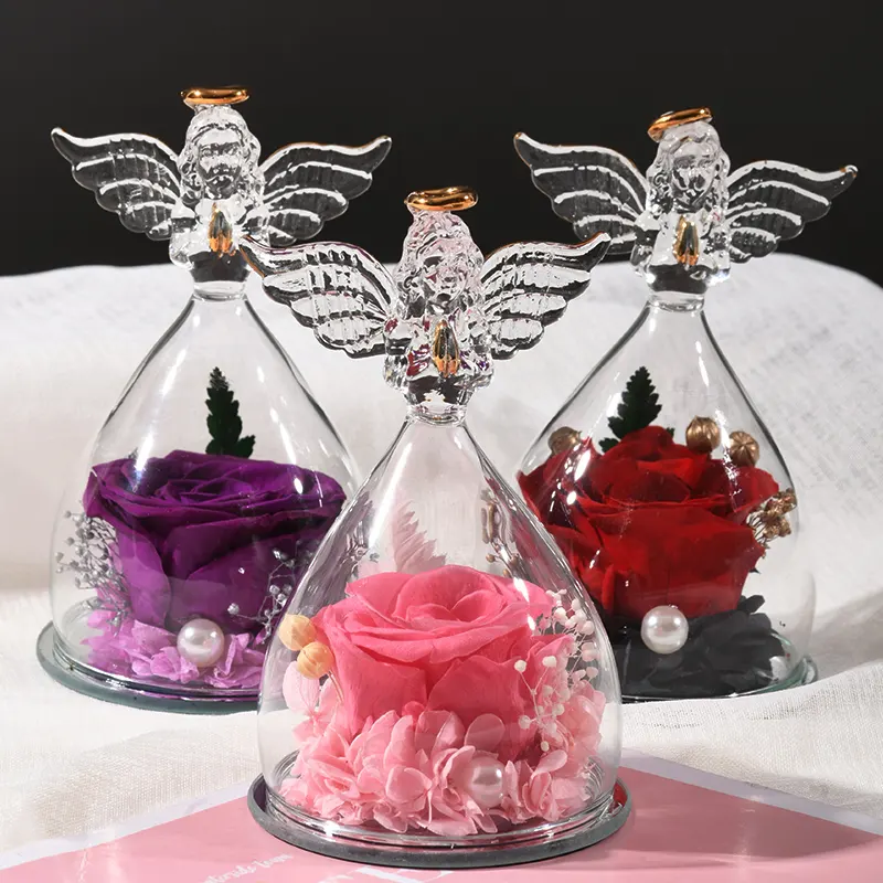 Véritable Rose Naturelle Belle Enchantée Fête des Mères Coffret Cadeau Décor Éternel Éternel Rose Fleur Préservée dans un Dôme en Verre LED