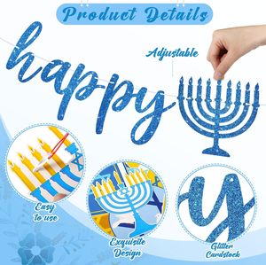 Nuova Ghirlanda Decorativa con Lettere Glitterate 'Happy Hanukkah' di Nicro, Design con Esagramma e Candelabro, Bandiera per Decorazioni Festive - Product Image 3