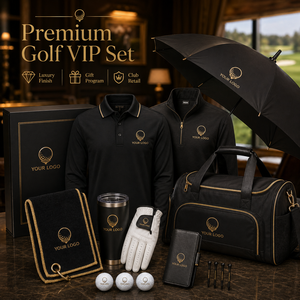 Kit de bienvenue pour événement de golf avec serviette personnalisée, bouteille d'eau, parapluie, polo, porte-carte de score et kit d'enregistrement pour les joueurs - Product Image 1
