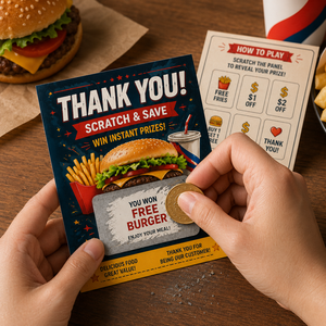Custom Full Color Printing Thank You Scratch Off <b>Cards</b> Wholesale Fast Food Burger Restaurant Promotion Scratch Win Reward <b>Cards</b> - Product Image 1