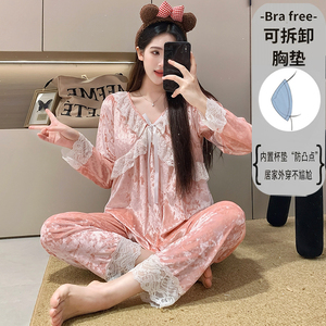 Conjuntos de ropa de dormir B2571 # Pijamas de otoño e invierno Terciopelo dorado para mujer con almohadilla en el pecho Pijamas de color sólido de encaje - Product Image 2