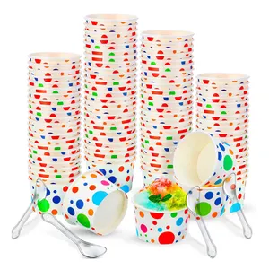 Vasos de papel para helado, cuencos desechables de postre de Yogurt con cucharas de plástico reutilizables, 5,5 onzas