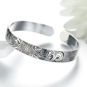 Bracelet ouvert vintage à motif <span class=keywords><strong>sutra</strong></span> bouddhiste, feuille de bambou, fleur de prunier, <span class=keywords><strong>lotus</strong></span>, plaqué argent - Product Image 6