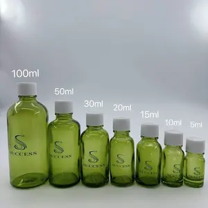 Botol minyak esensial kaca kustom hijau 5ml 10ml 15ml 20ml 30ml 50ml 100ml kualitas tinggi dengan tutup