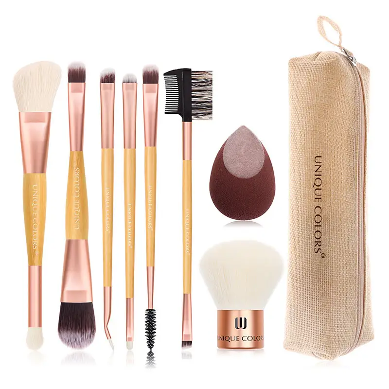 Professional Natural Bamboo Foundation Blush Powder Cosmetic Brush Sets 8 Pieces With Velvet Makeup Blender Sponge Kabuki Brush