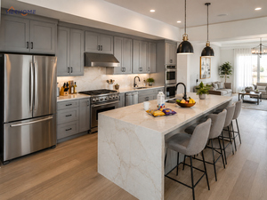 Armoires de <span class=keywords><strong>cuisine</strong></span> shaker gris foncé de luxe avec comptoir en quartz Taj Mahal <span class=keywords><strong>et</strong></span> grand îlot <span class=keywords><strong>pour</strong></span> projet de villa - Product Image 1