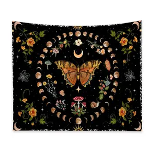 Yellow Butterfly Moon flower tapestry, plant and Flower Bohemian style tapestry, aesthetic retro tapestry wall hanging