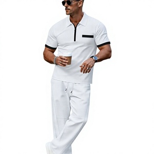 Men's Winter Solid Casual Fleece Knitted Short Sleeve Polo Shirt Set Pockets Matching Pants Breathable 180g Quick Dry Customized - Product Image 1