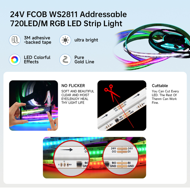 High Quality Flexible 12V 24V RGB COB Soft Light Strip Single Dream Color 252/320/480/720/768 Leds/m RGBW COB LED Strip