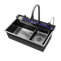 Évier de cuisine rectangulaire moderne multifonctionnel en acier inoxydable Maite Digital Smart Waterfall avec robinet et surface polie