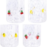 Tasses en verre soufflé à la main, résistantes à la chaleur, isolées, design rétro sans pied, couvercle respirant, motif dessin animé monocouche (cerise) pour
